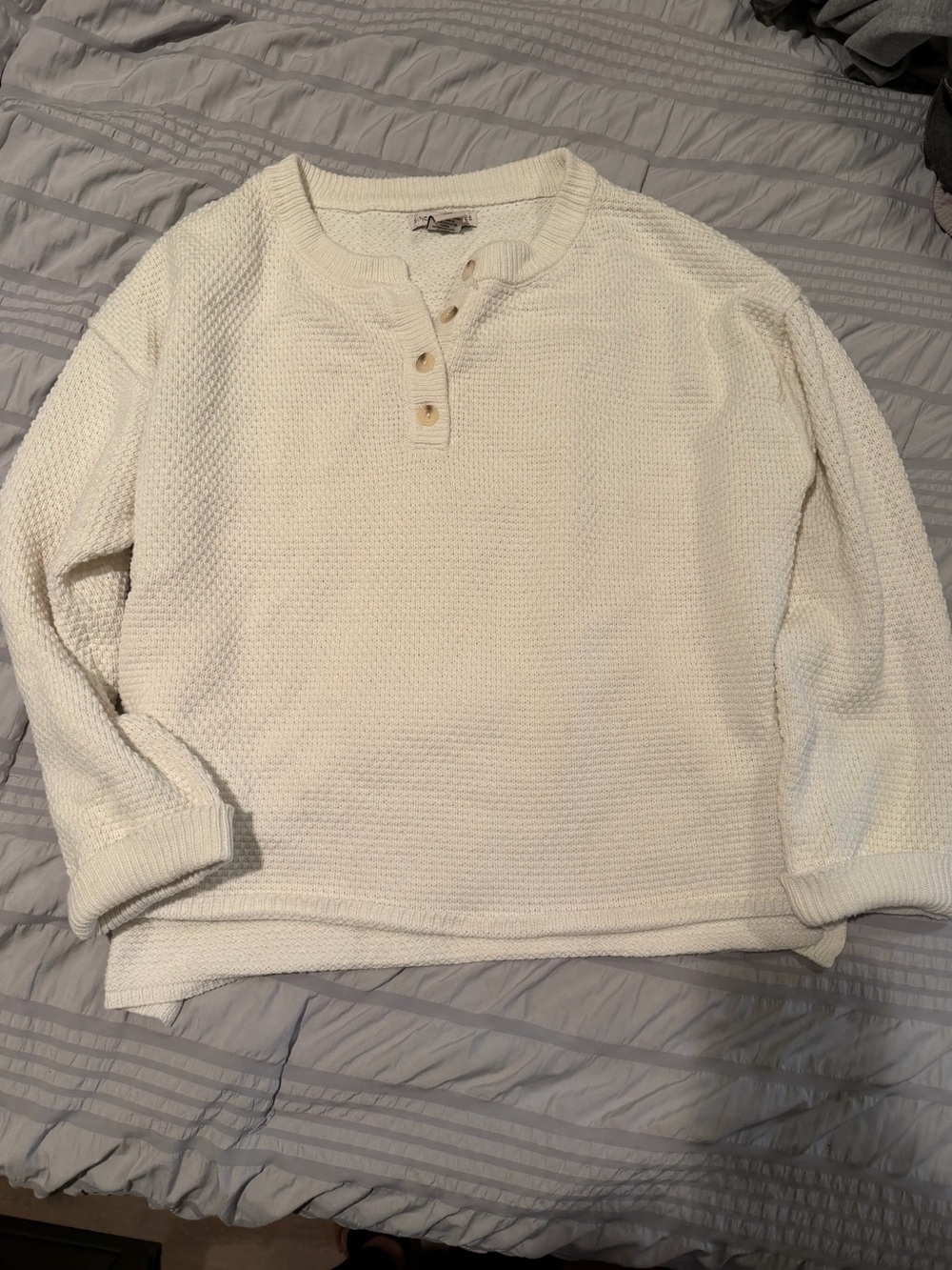 Sincerly Jules Cream Waffle Henley Crewneck Sweater